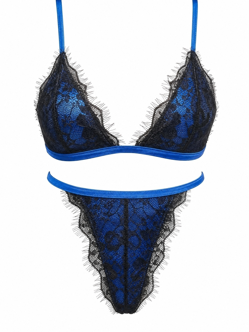 Shirley of Hollywood Blue and Black Lace Bralette & Thong Set